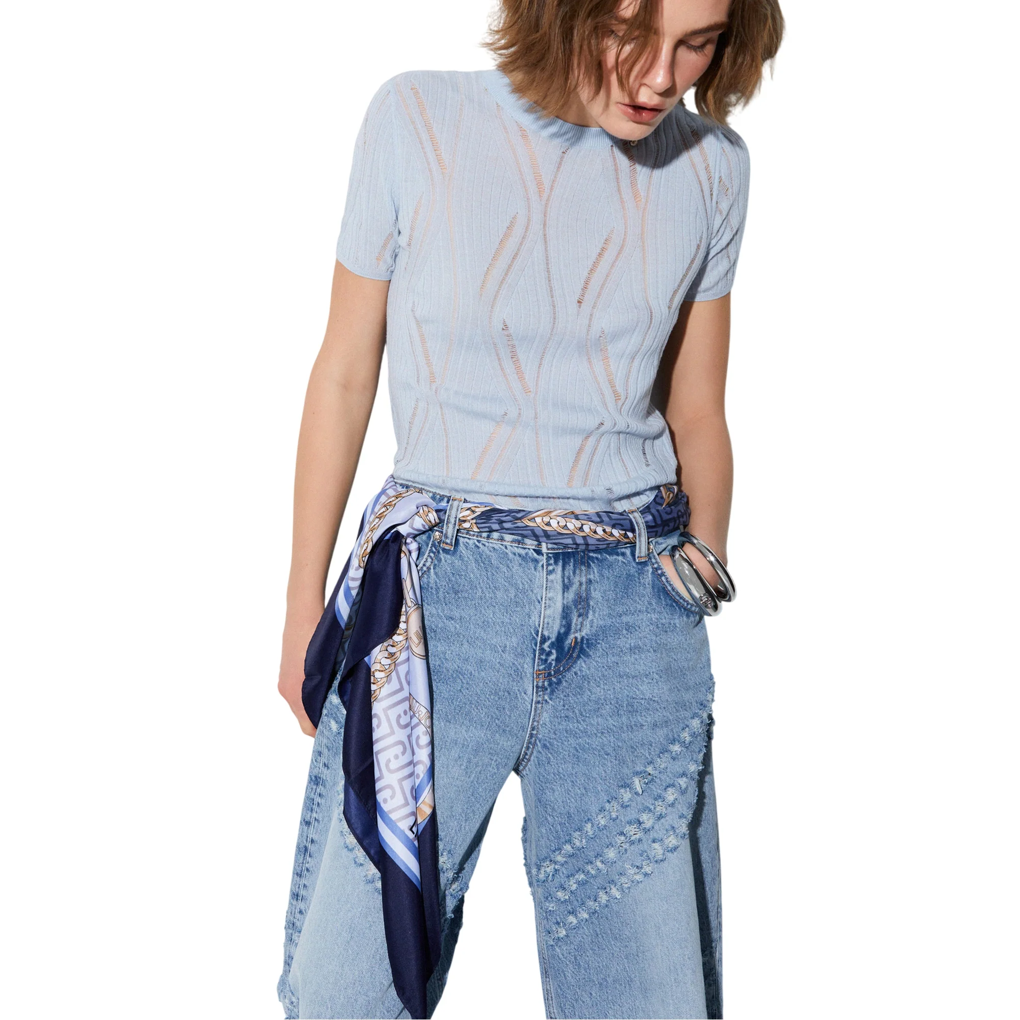 Foulard grande Donna con fiocco e catene Blu - Image 4