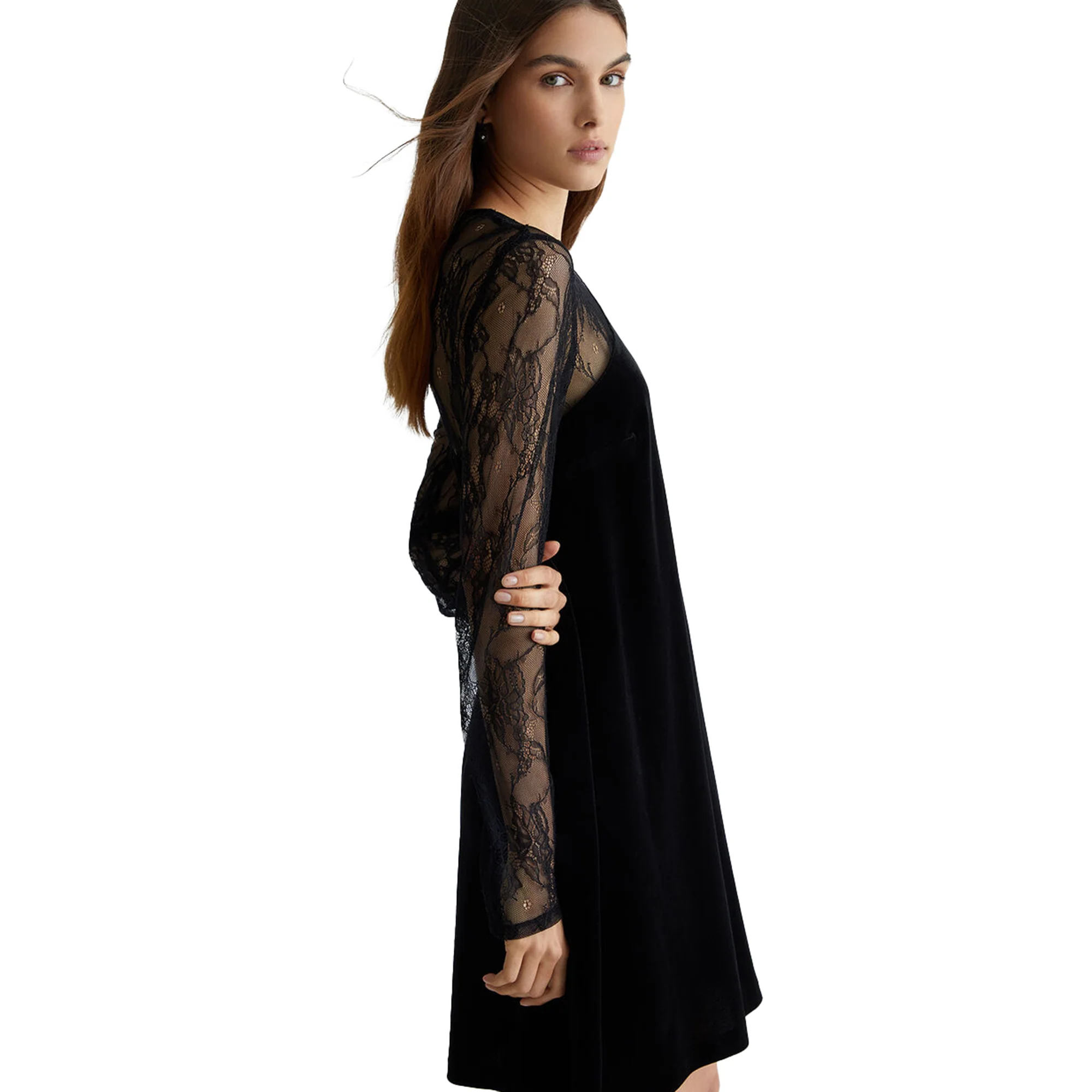 Abito corto Donna in pizzo e velluto Nero - Image 3