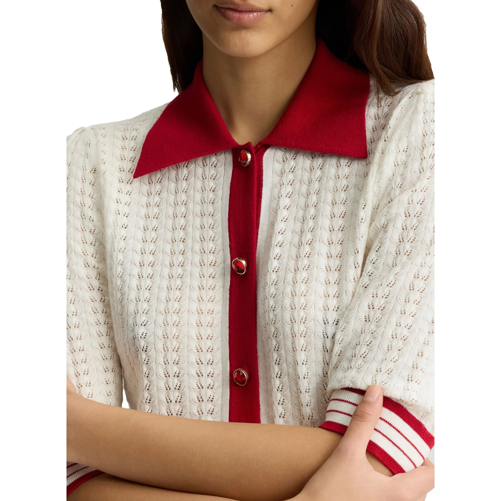 Cardigan Donna bianco e rosso in maglia - Image 4
