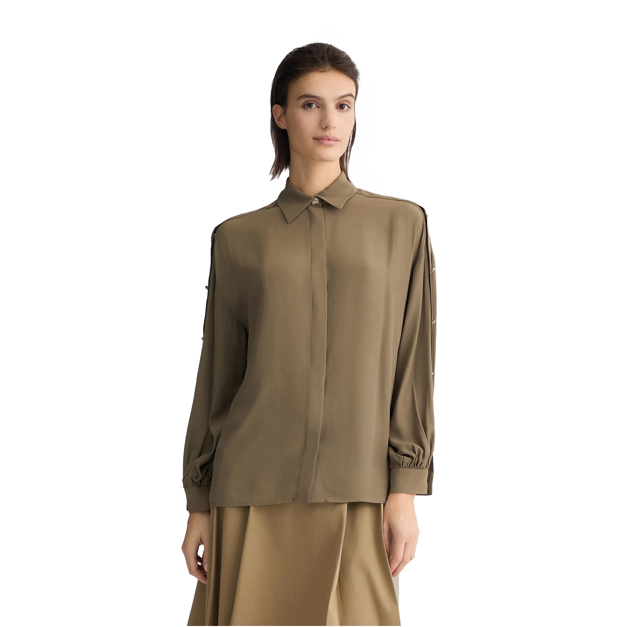 Camicia Donna in crêpe de chine Verde militare - Image 2