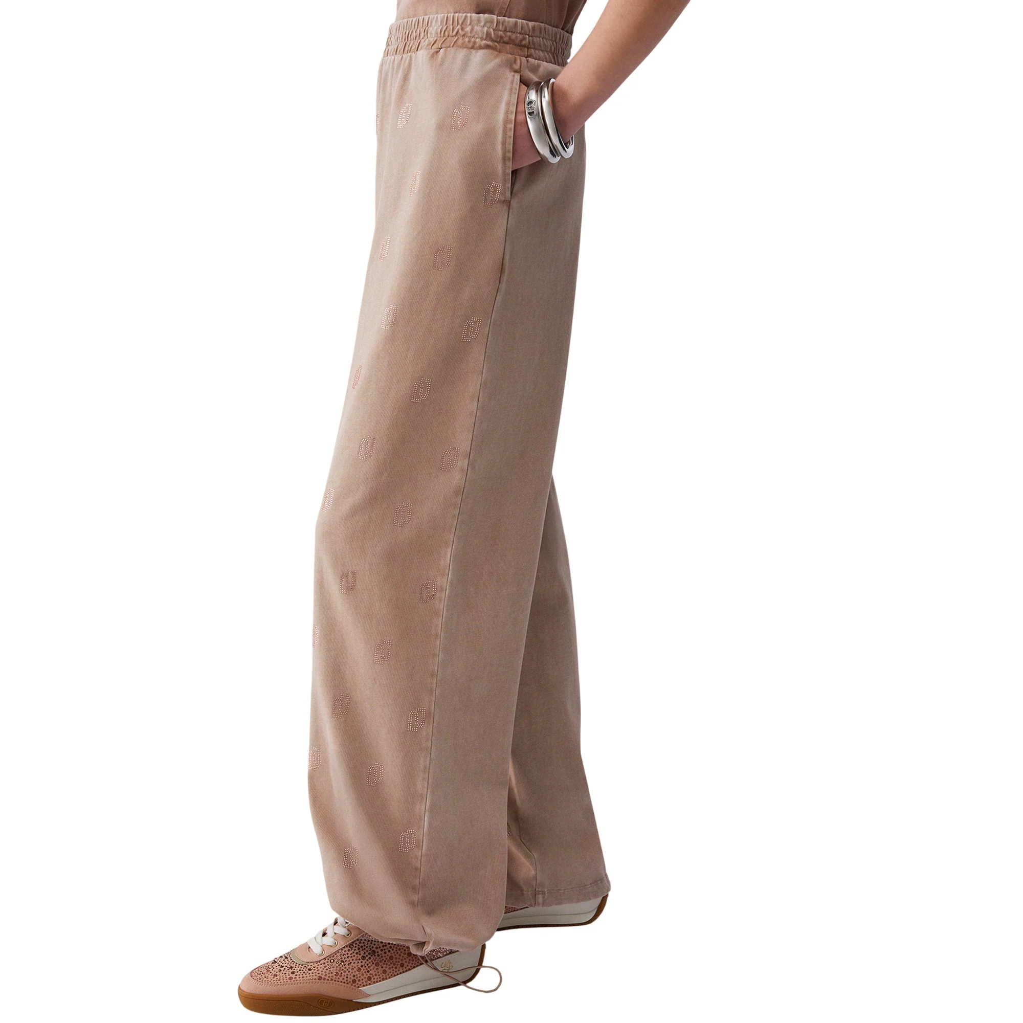 Pantalone lungo da Donna in jersey délavé con strass Beige - Image 4