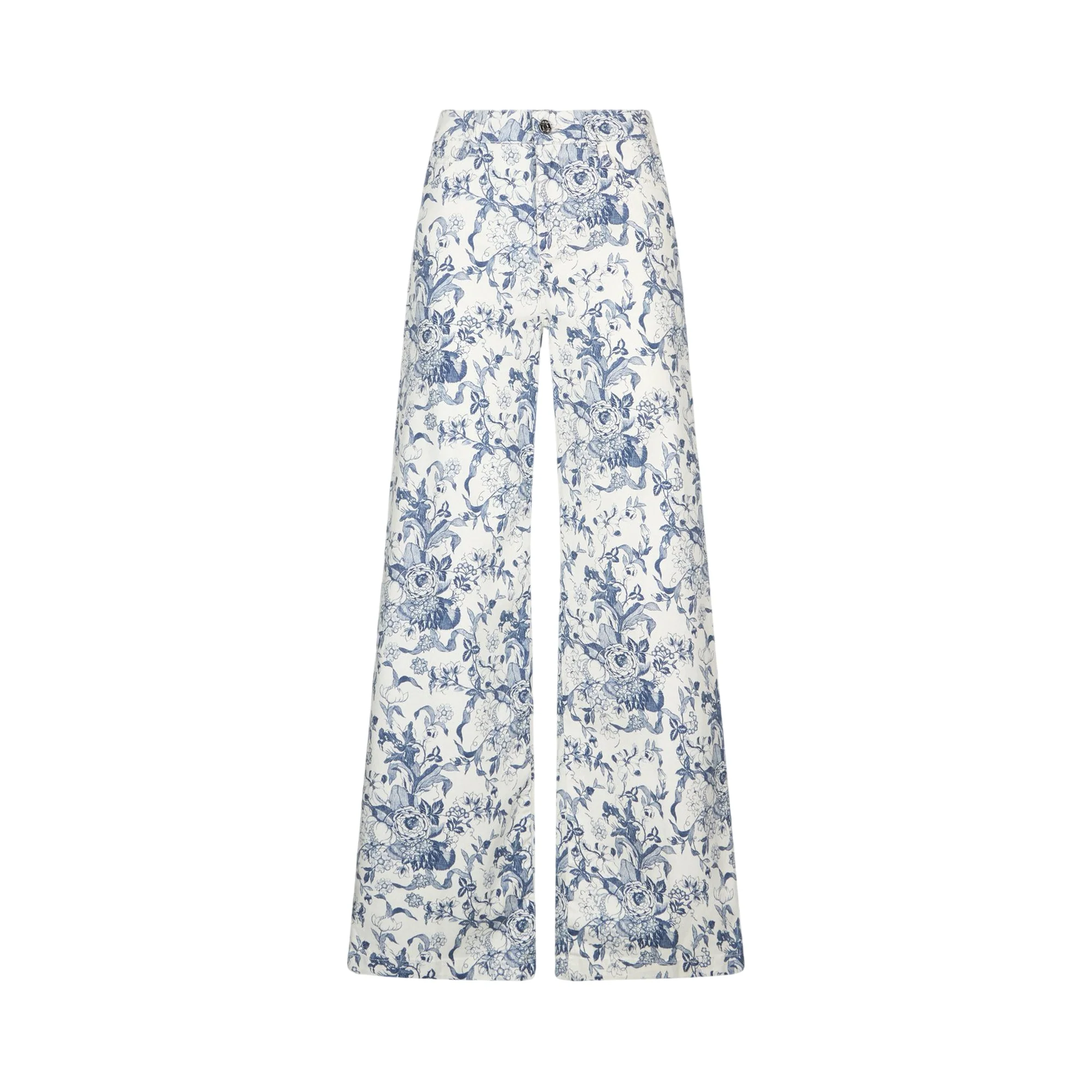 Pantaloni flare con stampa in azzurro e bianco