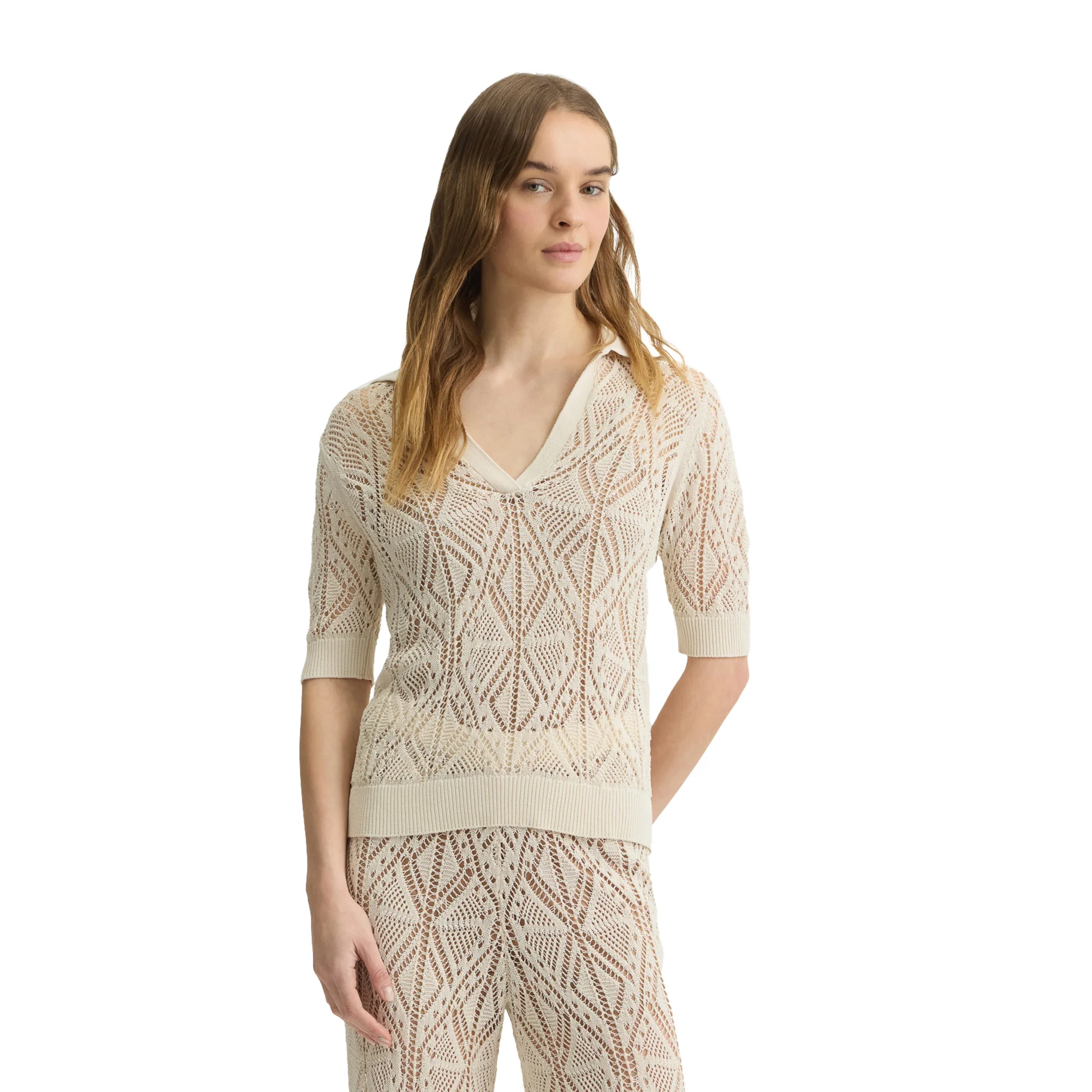 Maglia Donna in misto cotone crochet beige chiaro - Image 2