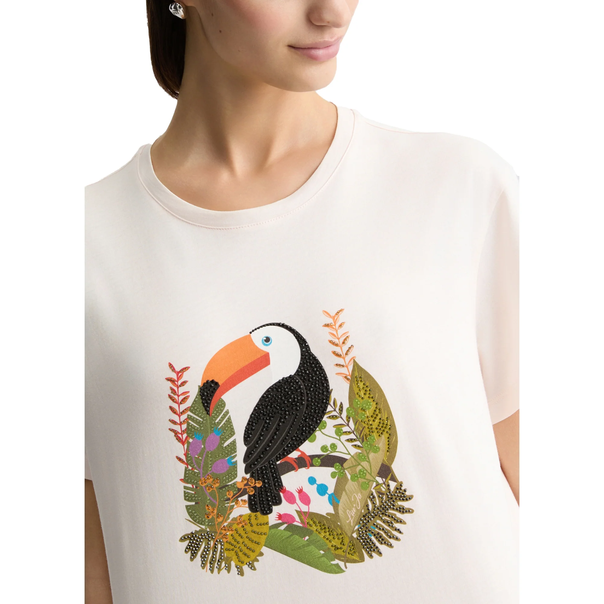 T-shirt Donna in cotone con stampa e strass Bianco - Image 4