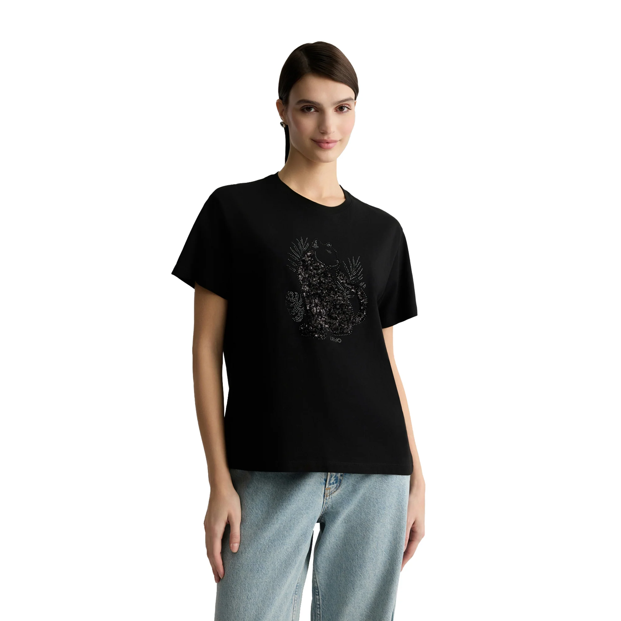 T-shirt Donna in cotone con paillettes e strass Nero - Image 2