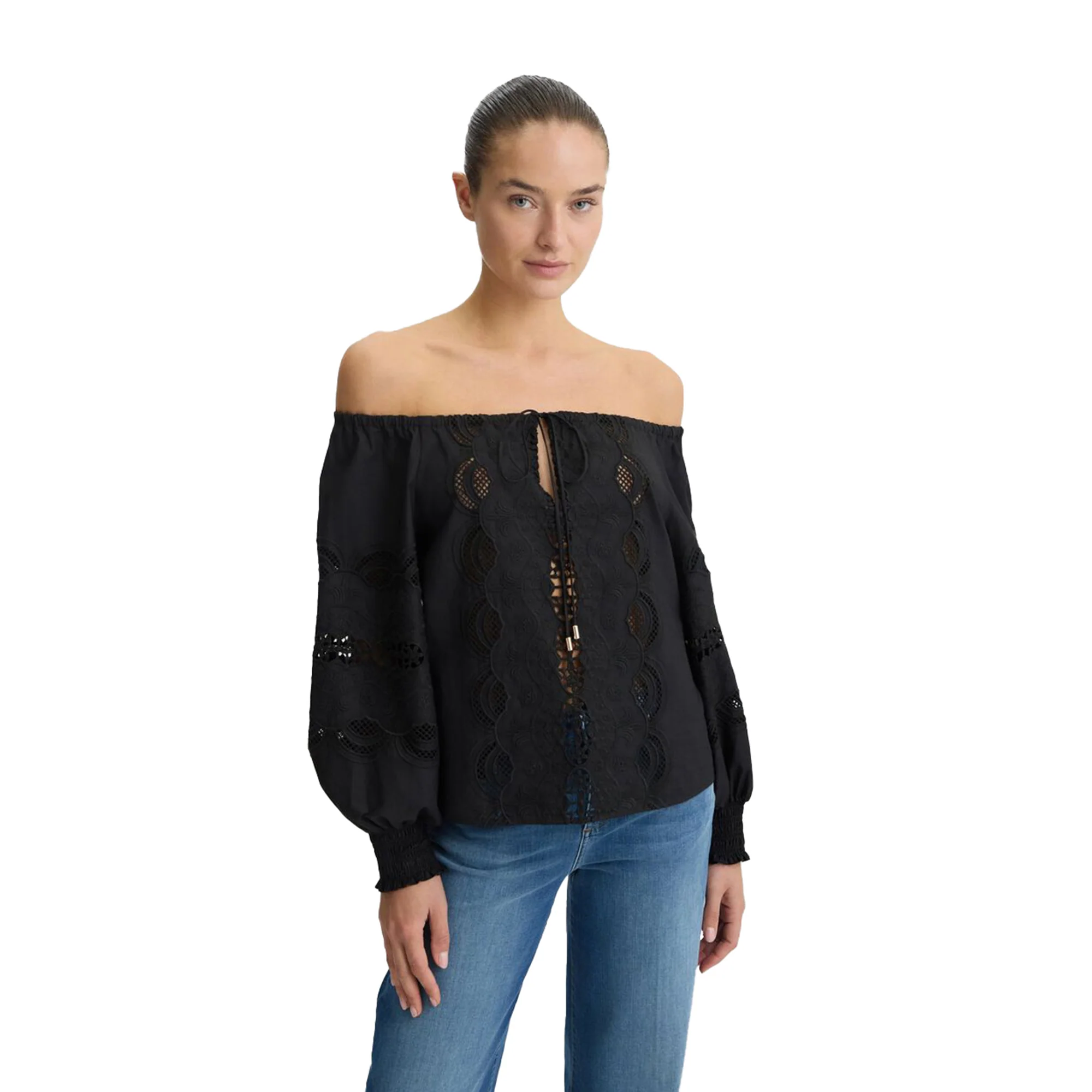 Blusa donna in cotone nero con ricami - Image 2