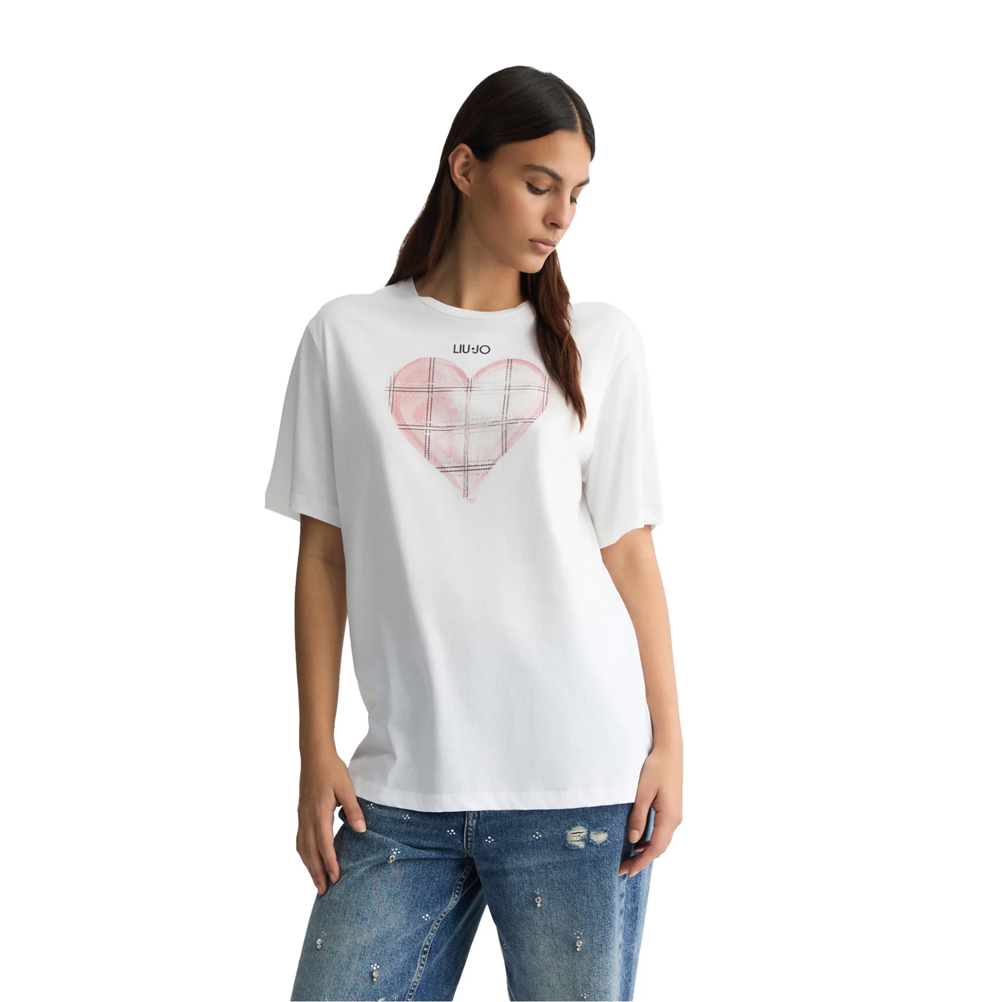 T-shirt Donna con cuore rosa frontale e strass - Image 2