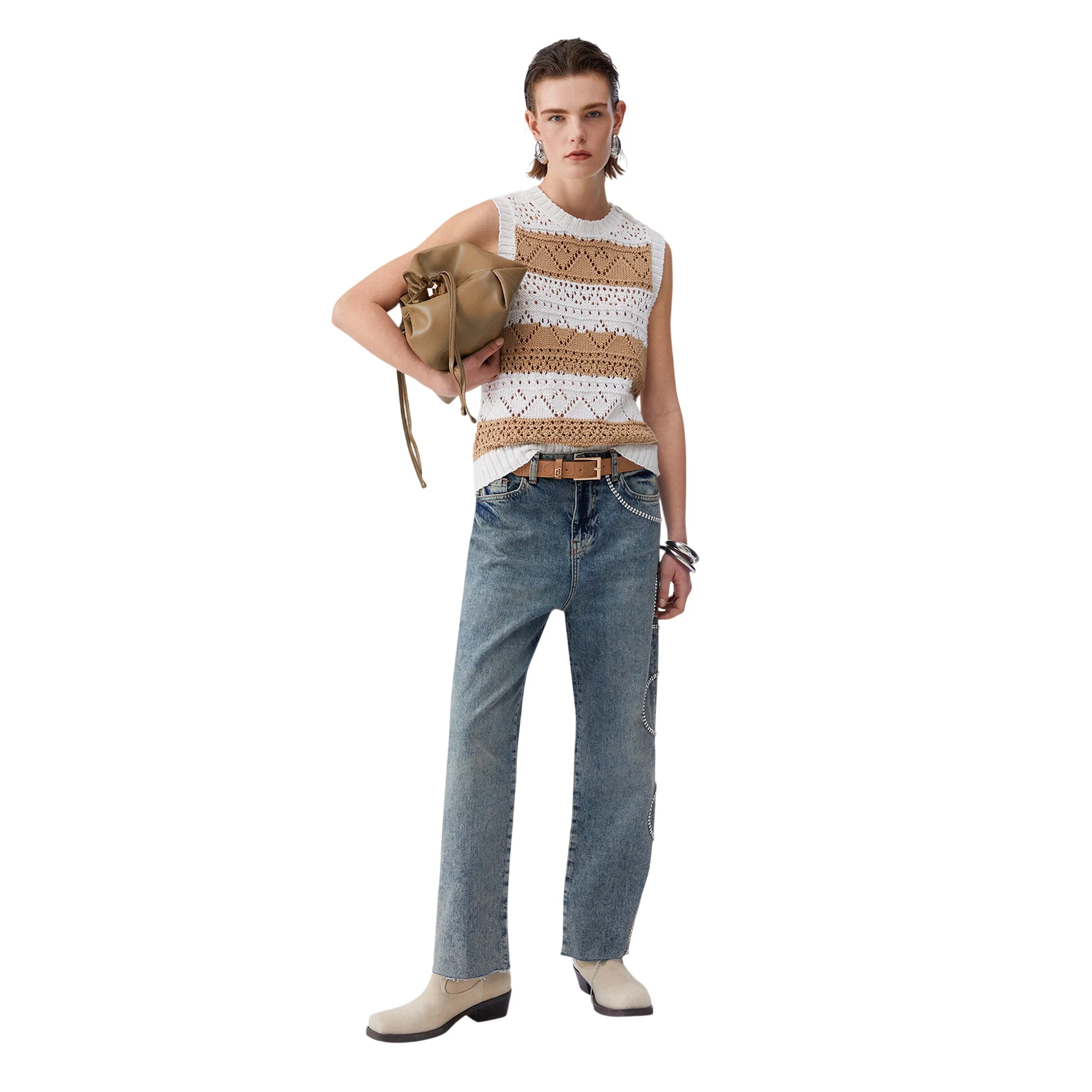 Top in maglia crochet bianco e beige - Image 7