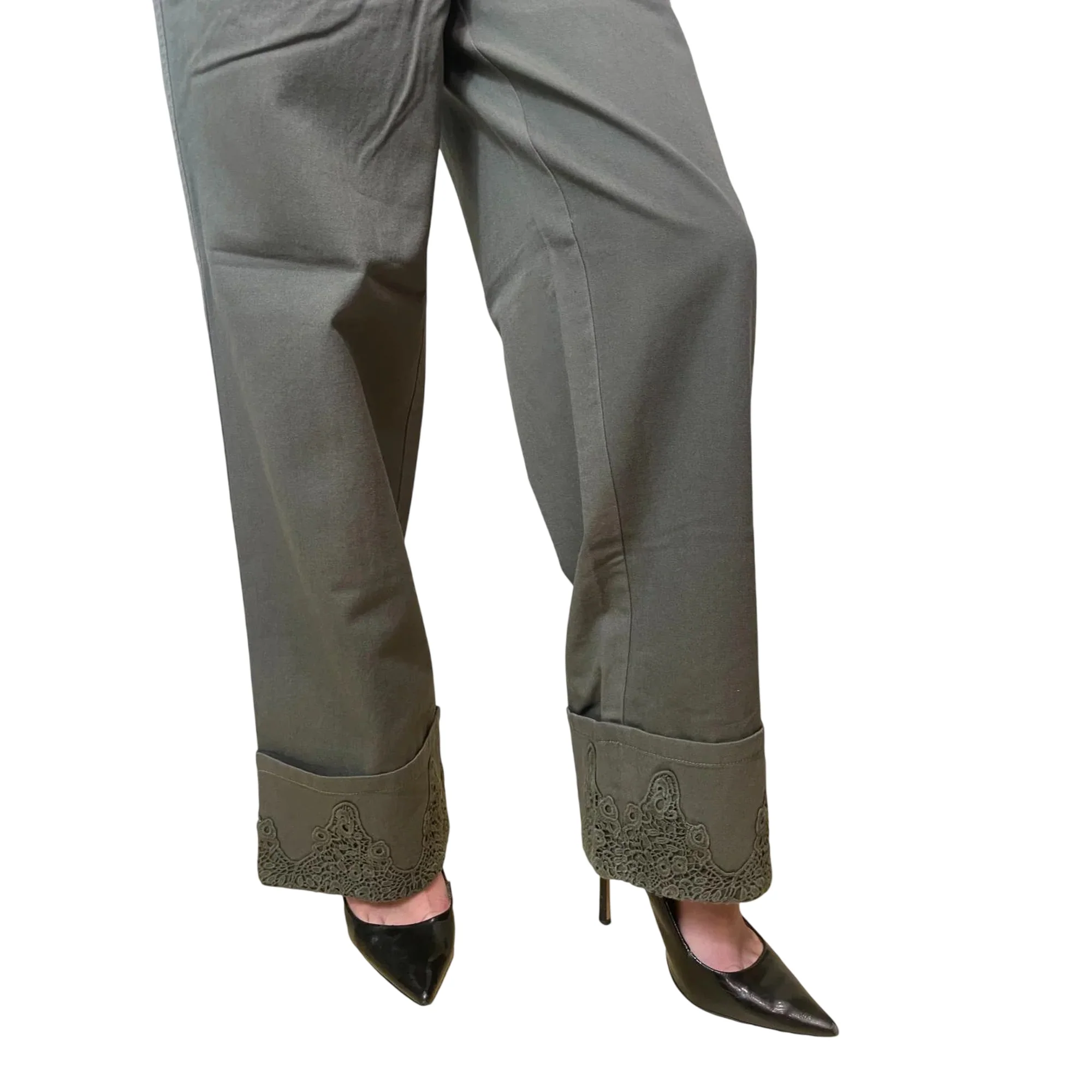 Pantalone wide leg verde oliva con pizzo e strass - Image 5