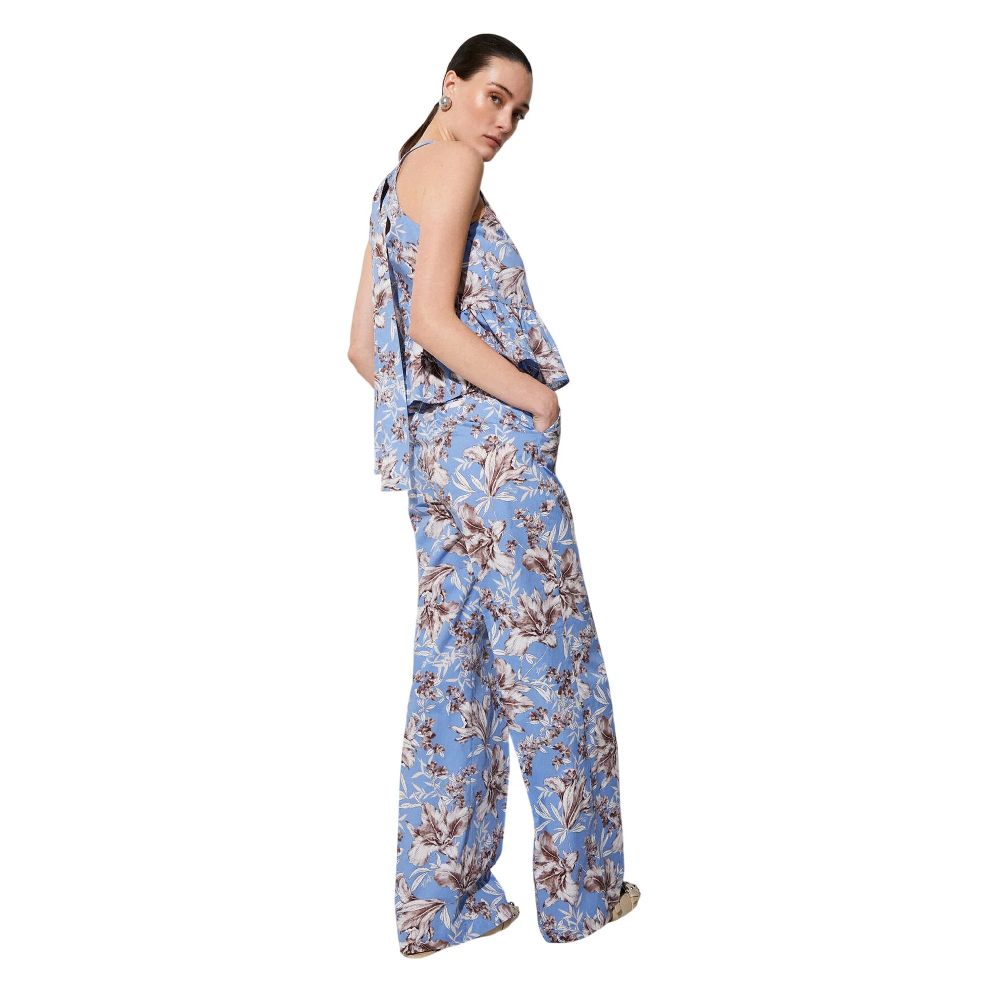Pantaloni a palazzo azzurri con stampa a fiori in popeline - Image 5