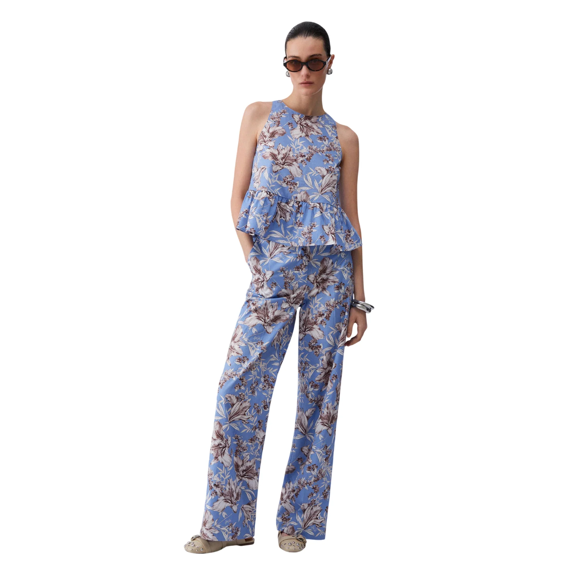 Pantaloni a palazzo azzurri con stampa a fiori in popeline - Image 7