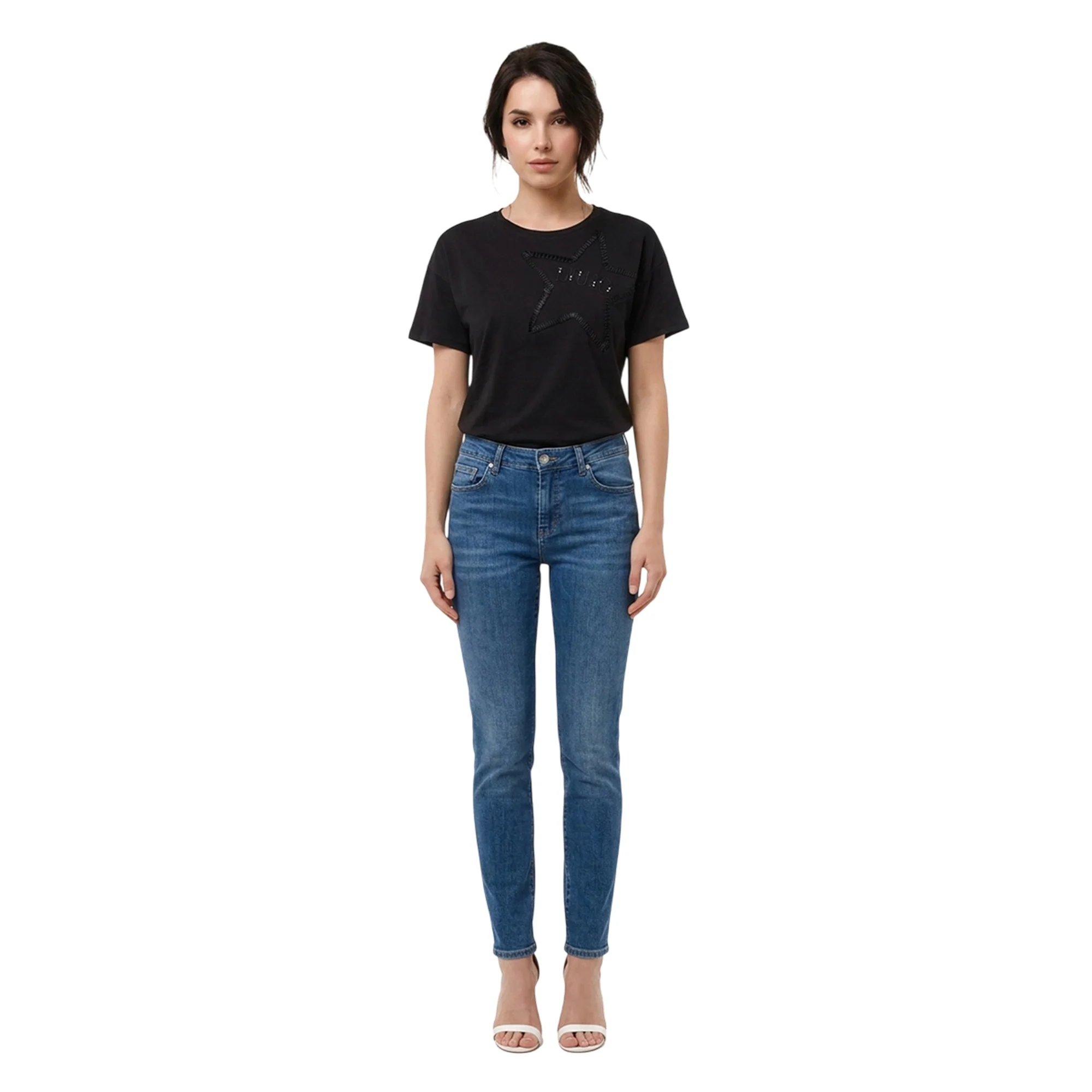 T-shirt nera da donna con stella ricamata - Image 3