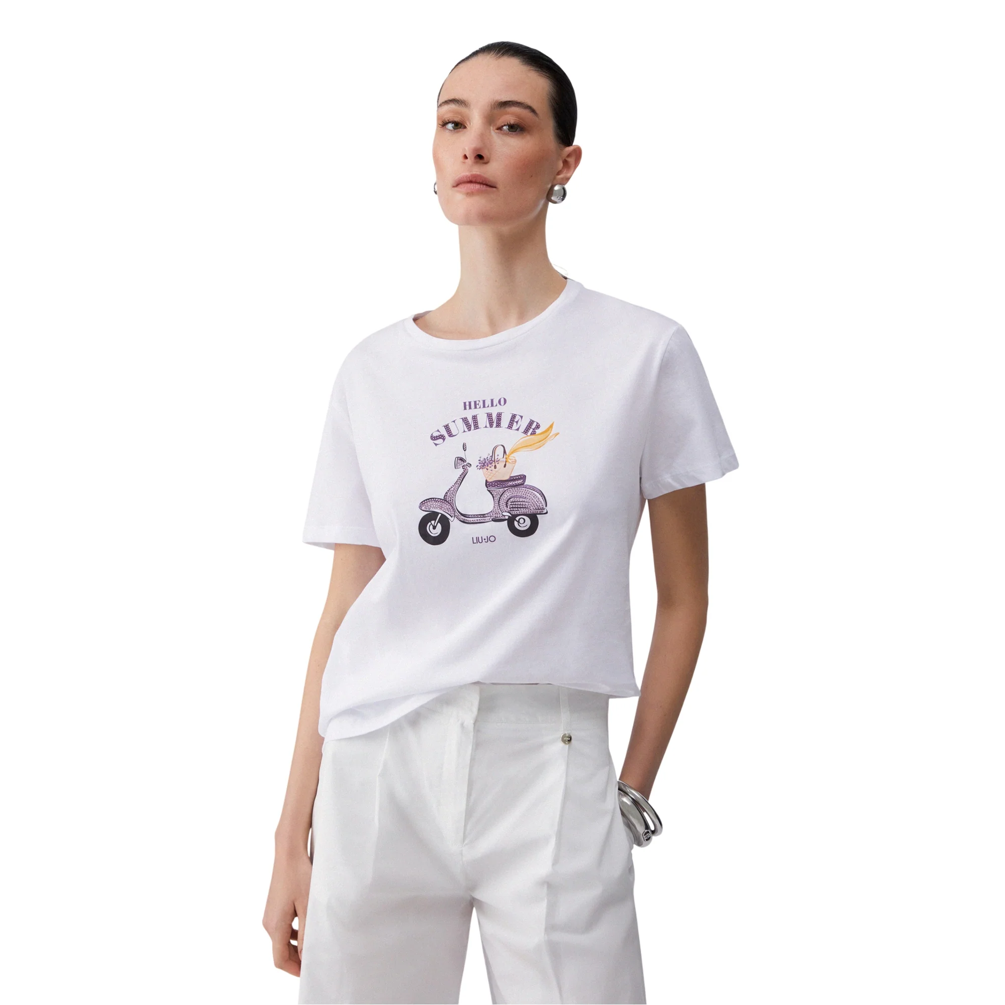 T-shirt in cotone con stampa e applicazioni in bianco - Image 2